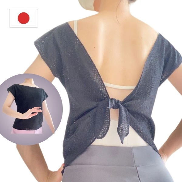 新作お試し10％OFF（4/16まで）【ミニヨン】バレエ トップス  フレンチスリーブ 背中リボンデザイン 日本製