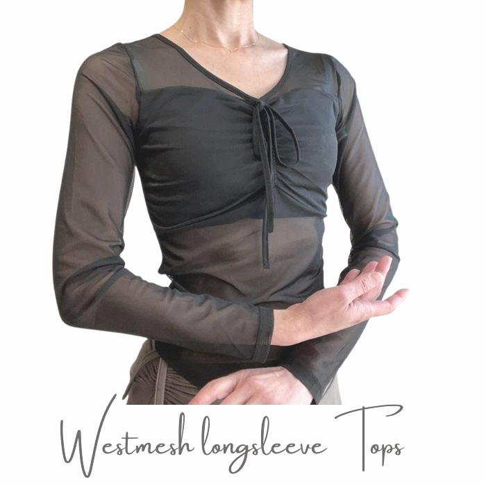 ウエストメッシュ　バレエ 長袖トップス　Vネック　ブラ内蔵
